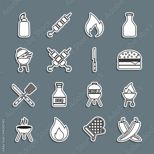 Set line Crossed hot chili pepper pod, Barbecue grill, Burger, Fire flame, Grilled shish kebab, Mustard bottle and knife icon. Vector