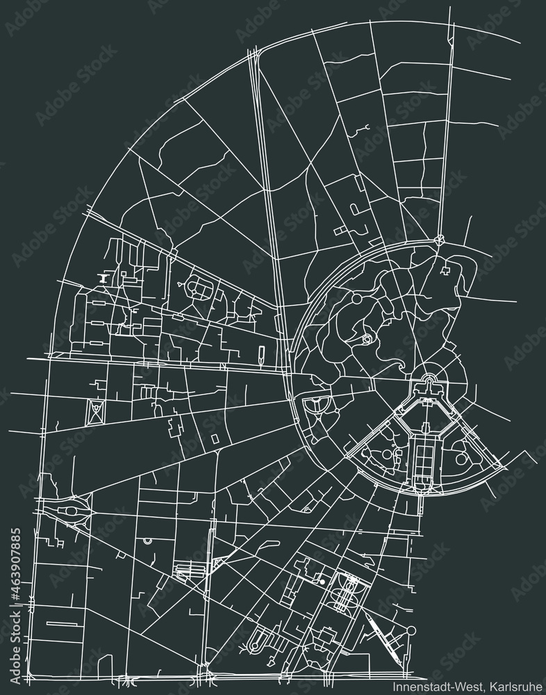 Detailed navigation urban street roads map on vintage beige background of the quarter Innenstadt-West district of the German regional capital city of Karlsruhe, Germany