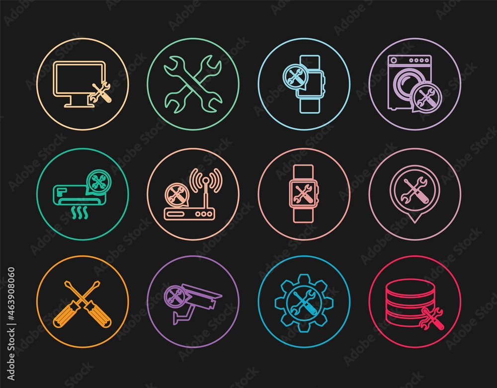 Set line Database server service, Location, Smartwatch, Router wi-fi, Air conditioner, Computer monitor, and Crossed wrenchs icon. Vector Set line Database server service, Location, Smartwatch, Router wi-fi, Air conditioner, Computer monitor, and Crossed wrenchs icon. Vector