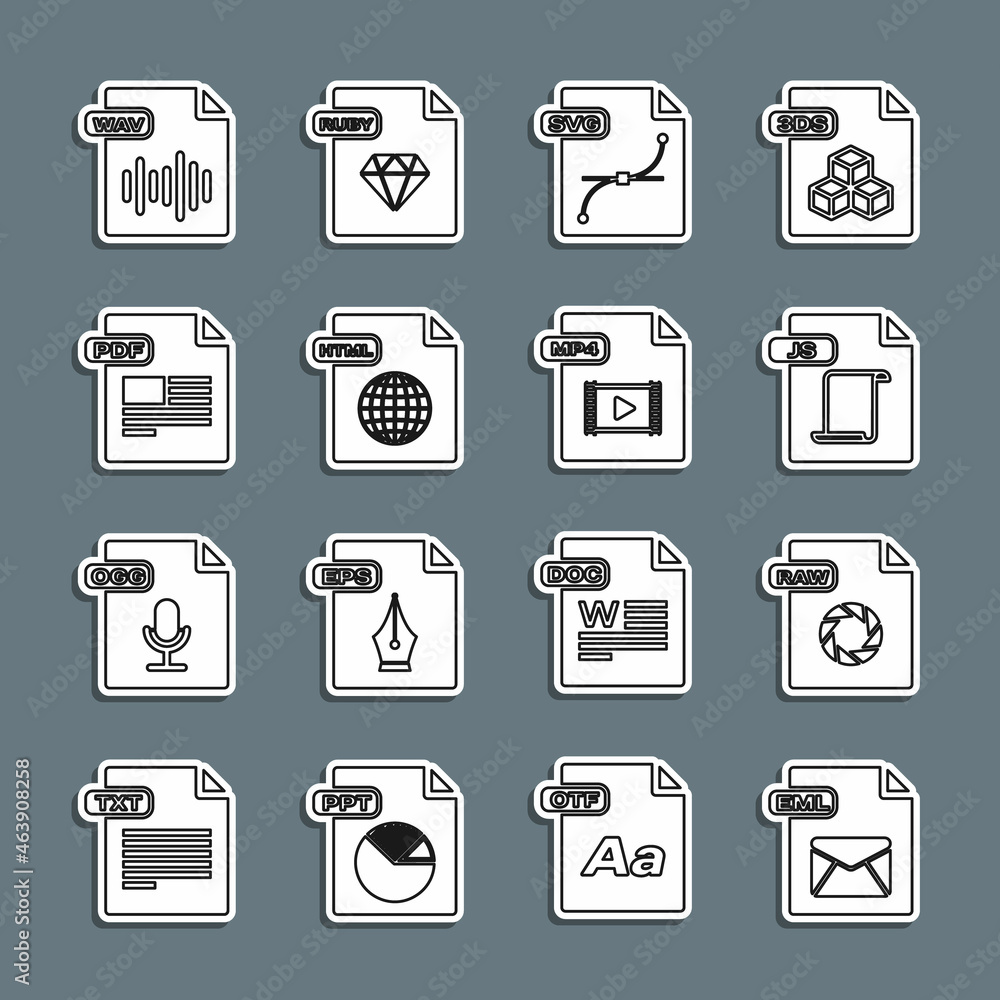 Set line EML file document, RAW, JS, SVG, HTML, PDF, WAV and MP4 icon. Vector Set line EML file document, RAW, JS, SVG, HTML, PDF, WAV and MP4 icon. Vector