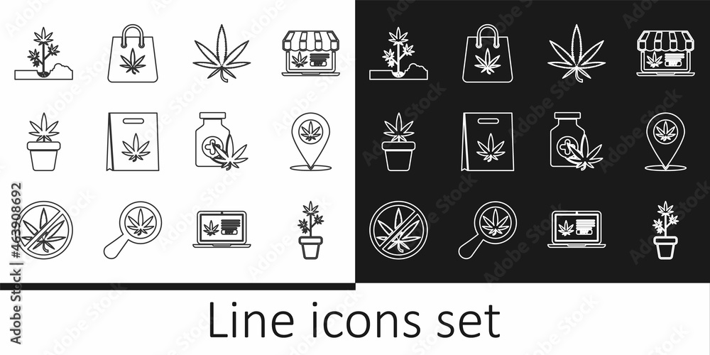 Set line Marijuana plant in pot, Location and marijuana, or cannabis leaf, Shopping bag of, Planting, Medical bottle with and icon. Vector