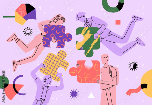 People group flying in abstract space and connecting big puzzle elements. Team building concept. Teamwork, partnership and cooperation. Hand drawn vector illustration. Modern flat cartoon style.