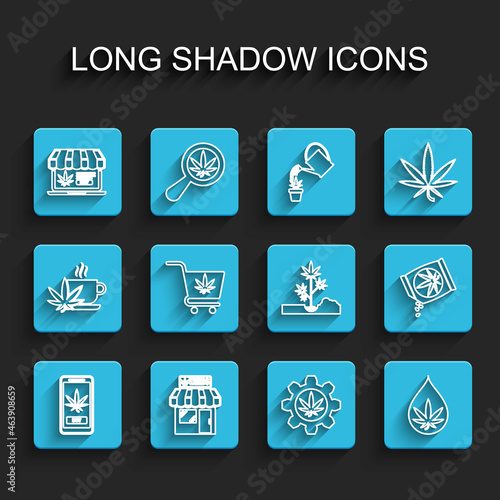 Set line Online buying marijuana, Marijuana and cannabis store, Test tube with, leaf oil, Shopping cart, seeds and Planting icon. Vector