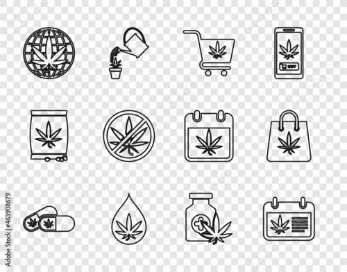 Set line Medical pills with marijuana, Calendar and, Shopping cart, Marijuana or cannabis leaf oil, Legalize, Stop, bottle and bag of icon. Vector