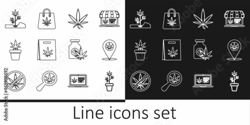 Set line Marijuana plant in pot, Location and marijuana, or cannabis leaf, Shopping bag of, Planting, Medical bottle with and icon. Vector