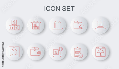 Set line Delivery package with umbrella, Cardboard box traffic, This side up, Verification of delivery list, Warehouse, Location cardboard and Scale icon. Vector