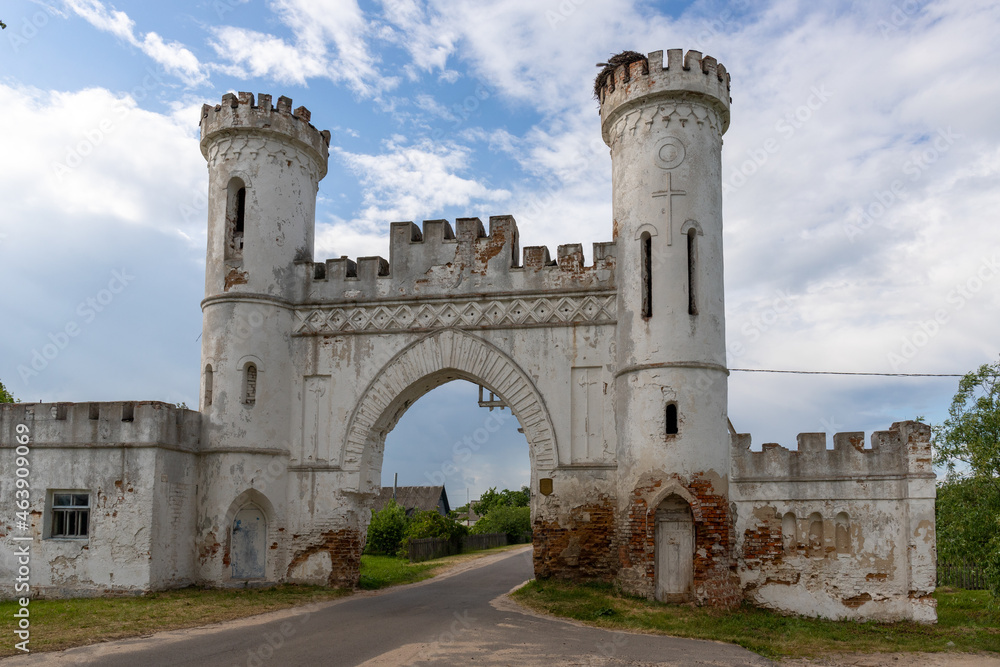 The old entrance gate to the estate was built in the Gothic style in the village of Peski Belarus