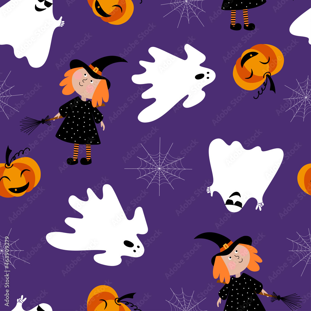 Fototapeta premium Endless background with ghosts, witch, and pumpkin. Festive texture on a purple background for Halloween. Seamless Repeat Pattern. Vector pattern for textiles, packaging, paper, wallpaper.