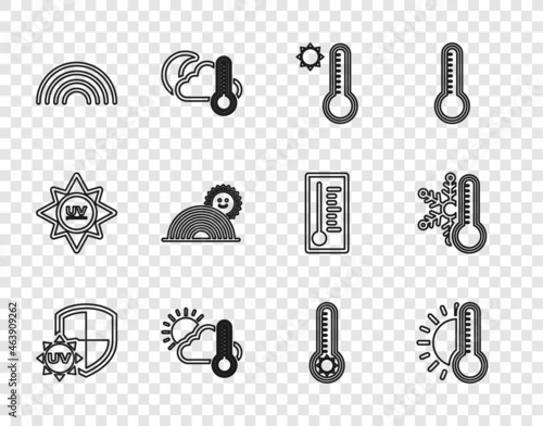 Set line UV protection, Thermometer with sun, Meteorology thermometer, and cloud,, Rainbow, and snowflake icon. Vector