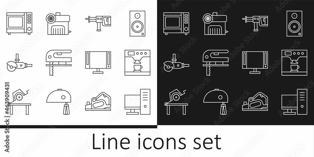 Set line Computer monitor, Coffee machine and cup, Rotary hammer drill, Electric jigsaw, Angle grinder, Microwave oven, Smart Tv and Air compressor icon. Vector Set line Computer monitor, Coffee machine and cup, Rotary hammer drill, Electric jigsaw, Angle grinder, Microwave oven, Smart Tv and Air compressor icon. Vector