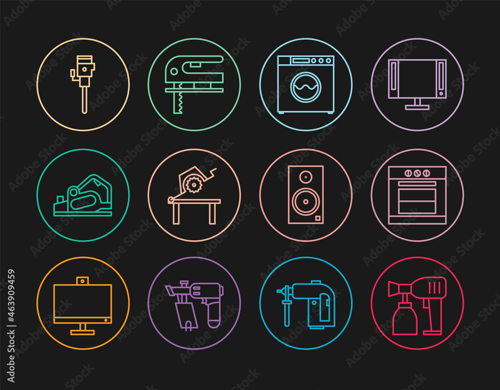 Set line Paint spray gun, Oven, Washer, Table saw for woodwork, Electric planer tool, Construction jackhammer, Stereo speaker and jigsaw icon. Vector Set line Paint spray gun, Oven, Washer, Table saw for woodwork, Electric planer tool, Construction jackhammer, Stereo speaker and jigsaw icon. Vector