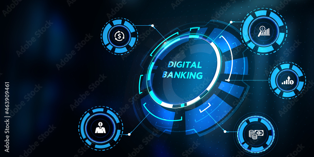 Business, technology, internet and networking concept. icon digital banking on the virtual display.3d illustration Business, technology, internet and networking concept. icon digital banking on the virtual display.3d illustration
