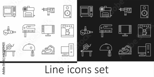 Set line Computer monitor, Coffee machine and cup, Rotary hammer drill, Electric jigsaw, Angle grinder, Microwave oven, Smart Tv and Air compressor icon. Vector