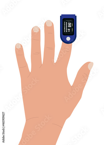 Fingertip pulse oximeter. Medical device for measuring oxygen saturation and heart rate. Portable equipment for identifying patients with coronavirus. Pulse oxymeter, hand. Flat vector illustration