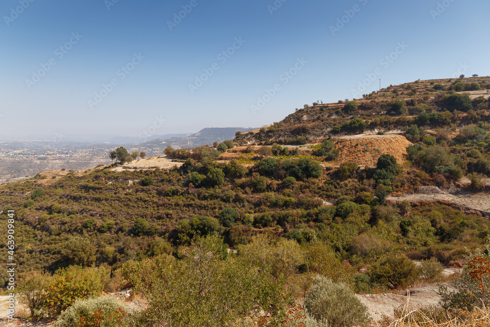 Beautiful landscape in the mountains. Lovely view of the Mountains. Mountain serpentine, olive plantations. Postcard view. Travel concept. Cyprus