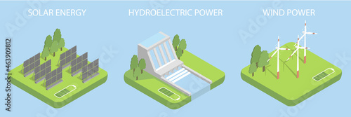 Set with illustrations about alternative energy. Solar energy. Wind energy. Energy of water.
