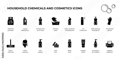 Household chemicals and cosmetics icon set for online store website. Various preparations signs for face, body, hair, dental health, hygiene products. Cleaning agents, washing and disinfection symbols