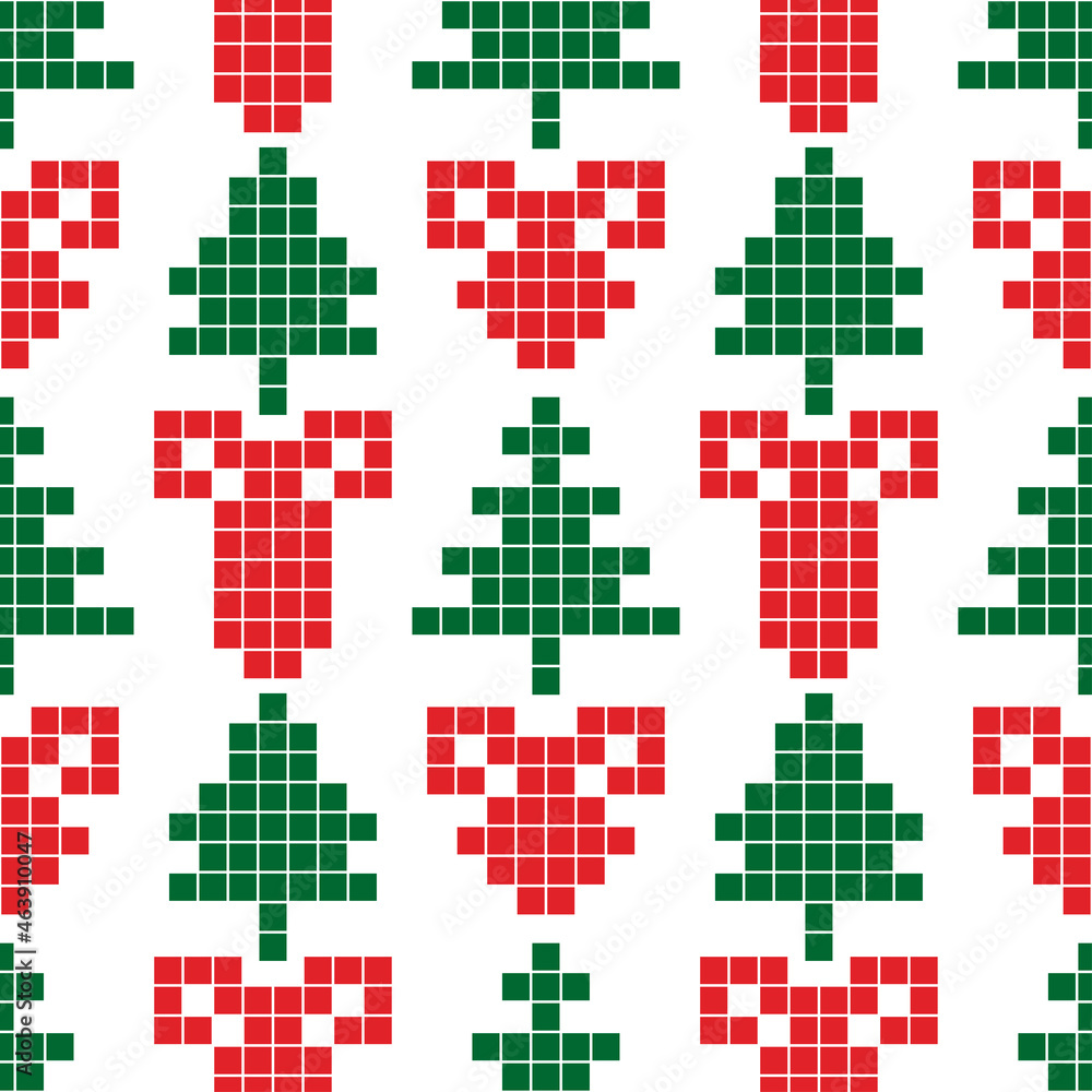 Christmas holiday pattern. Green fir trees and red Christmas tree toys on a white background. Vector seamless pattern in embroidery style. Classic colors.