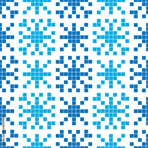 New Year's ornament. Vector seamless pattern in embroidery style. Blue snowflakes on a white background.