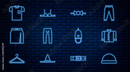 Set line Beanie hat, T-shirt, Bow tie, Pants, Skirt, Polo, Police cap with cockade and Bra icon. Vector
