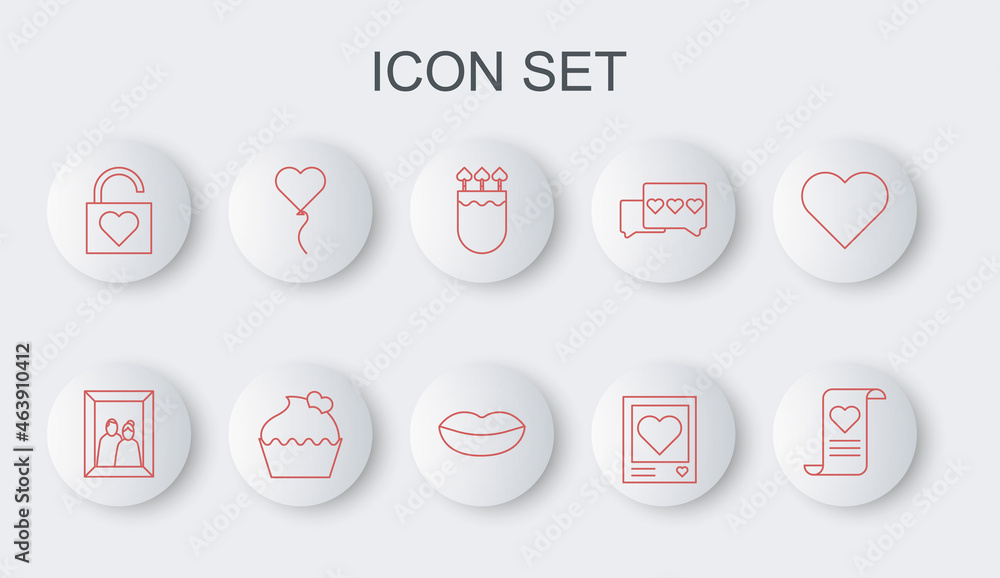 Set line Envelope with Valentine heart, Picture frame, Quiver and arrows, Photo frames hearts, Lock, Balloon form of, Wedding cake and Smiling lips icon. Vector Set line Envelope with Valentine heart, Picture frame, Quiver and arrows, Photo frames hearts, Lock, Balloon form of, Wedding cake and Smiling lips icon. Vector
