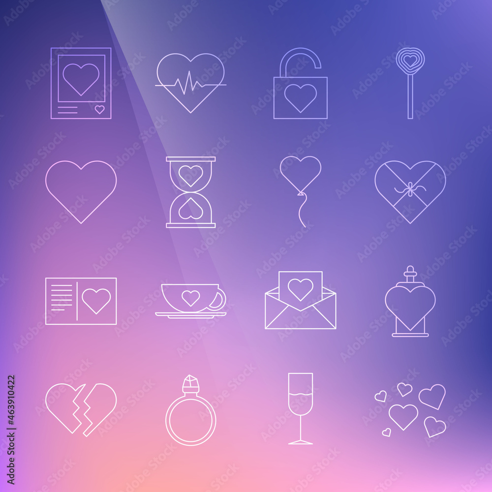 Set line Heart, Bottle with love potion, Candy in heart shaped box, Lock, the center hourglass, Photo frames hearts and Balloon form of icon. Vector Set line Heart, Bottle with love potion, Candy in heart shaped box, Lock, the center hourglass, Photo frames hearts and Balloon form of icon. Vector