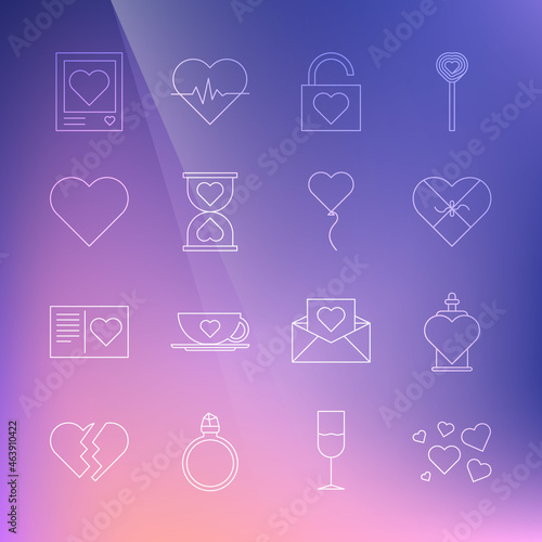 Set line Heart, Bottle with love potion, Candy in heart shaped box, Lock, the center hourglass, Photo frames hearts and Balloon form of icon. Vector