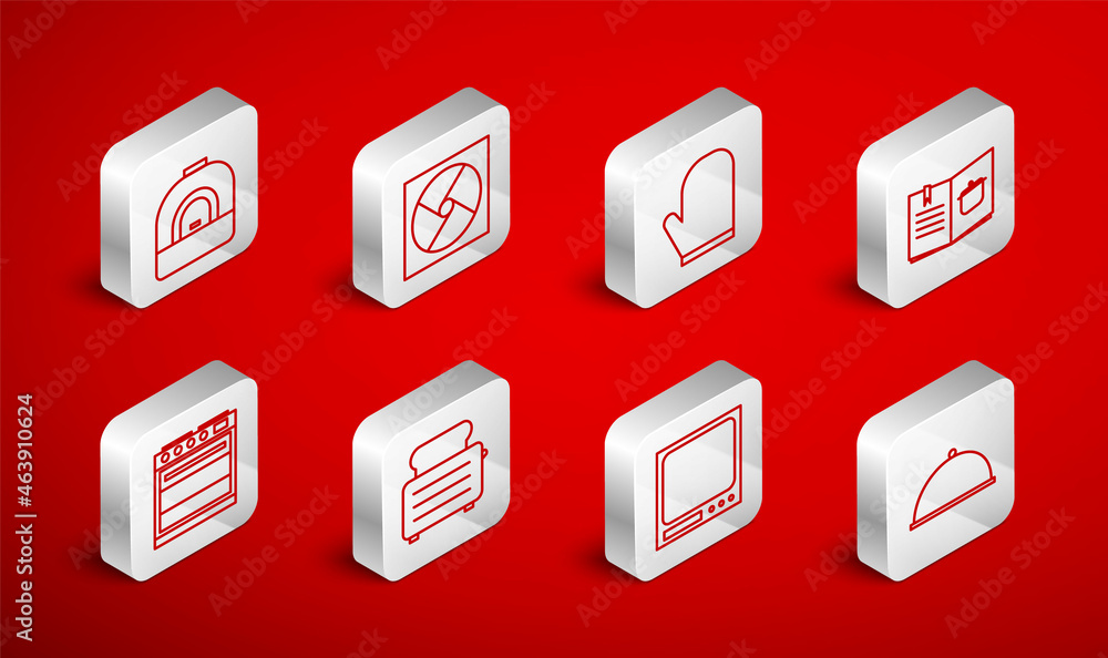 Set line Covered with tray, Ventilation, Oven glove, Cookbook, Electronic scales, Toaster toasts and icon. Vector Set line Covered with tray, Ventilation, Oven glove, Cookbook, Electronic scales, Toaster toasts and icon. Vector