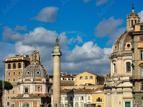 Skyline View of the Old City in Rome, Italy against a blue sky with passing storm clouds of gray and white. Achitectural scenery photo