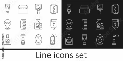 Set line Aftershave bottle with atomizer, Electric razor blade for men, Hand mirror, Hairbrush, Barbershop, Cream lotion cosmetic tube, Shaving gel foam and icon. Vector
