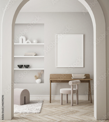 mock up poster frame in modern interior background, Home office, Scandinavian style, 3D render, 3D illustration