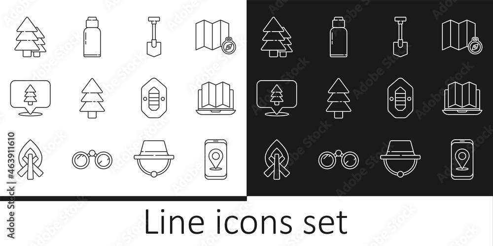 Set line City map navigation, Location of the forest in laptop, Shovel, Tree, Rafting boat and Canteen water bottle icon. Vector