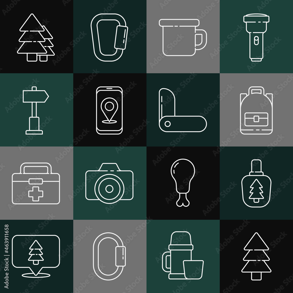 Set line Tree, Canteen water bottle, Hiking backpack, Camping metal mug, City map navigation, Road traffic signpost, and Swiss army knife icon. Vector Set line Tree, Canteen water bottle, Hiking backpack, Camping metal mug, City map navigation, Road traffic signpost, and Swiss army knife icon. Vector