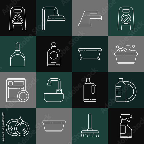 Set line Spray bottle with detergent liquid, Dishwashing and plate, Plastic basin soap suds, Water tap, Hand sanitizer, Dustpan, Wet floor cleaning progress and Bathtub icon. Vector