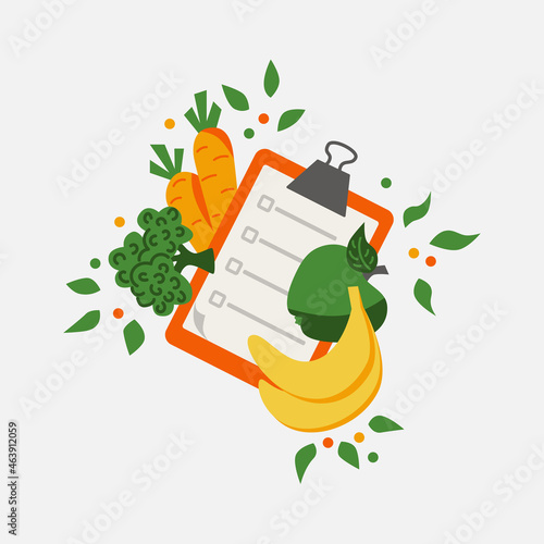 Healthy food concept with vegetables, fruits and meal plan