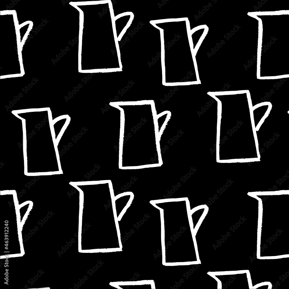 Vector seamless pattern of white stylized jugs on a black background. Drinks, water, garden. Brush drawing, grunge, doodle. Image for fabric, wrapping paper, wallpaper. Minimalism. Vector seamless pattern of white stylized jugs on a black background. Drinks, water, garden. Brush drawing, grunge, doodle. Image for fabric, wrapping paper, wallpaper. Minimalism.