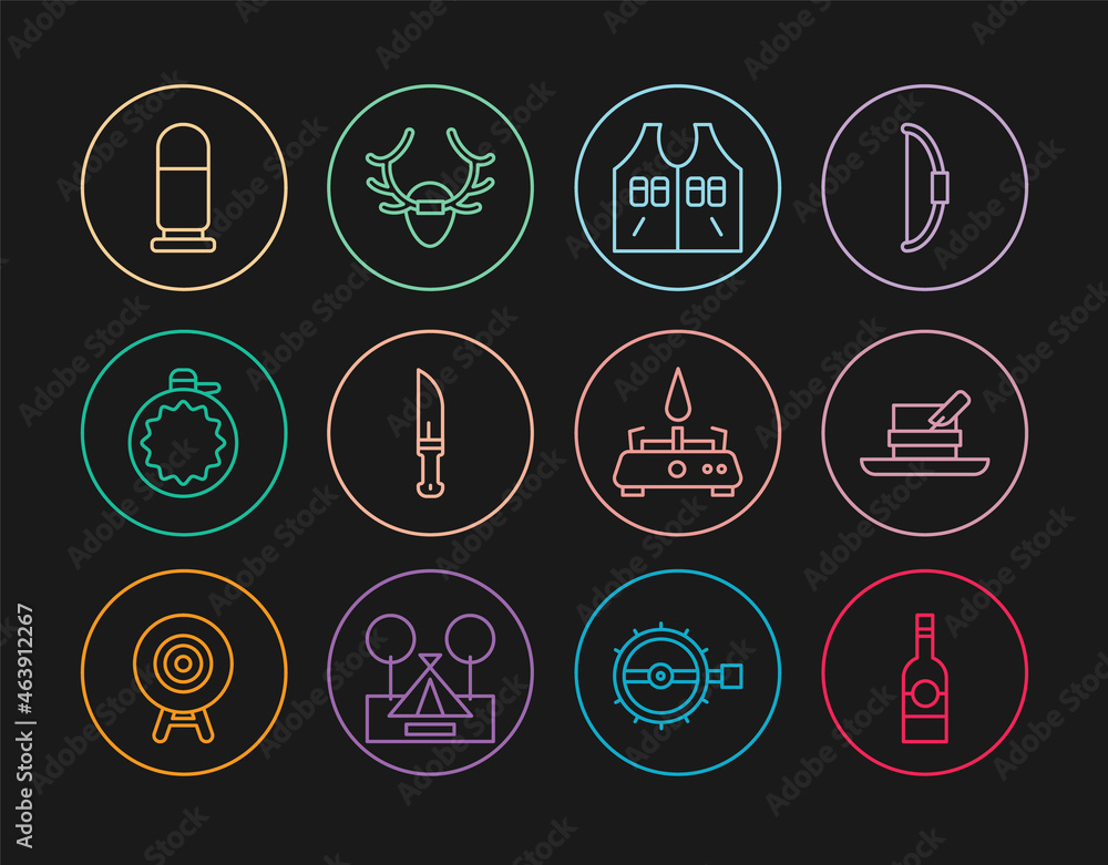 Set line Bottle of vodka, Hunter hat with feather, Hunting jacket, knife, Canteen water bottle, Bullet, Camping gas stove and Deer antlers on shield icon. Vector Set line Bottle of vodka, Hunter hat with feather, Hunting jacket, knife, Canteen water bottle, Bullet, Camping gas stove and Deer antlers on shield icon. Vector