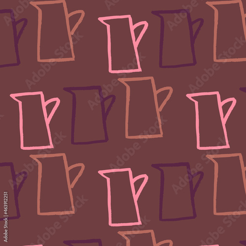 Vector seamless pattern of pink stylized jugs on a brown background. Drinks, water, garden. Brush drawing, grunge, doodle. Image for fabric, wrapping paper, wallpaper. Minimalism.