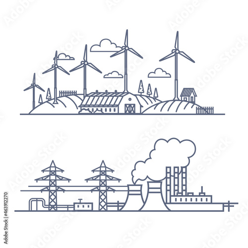 Fuel energy vs green power concept. Vector illustration of renewable electric vs fossil pollution power. Outline style vector illustration on white background.