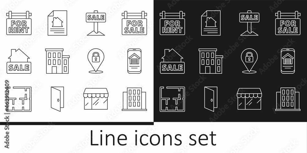 Set line House, Online real estate house, Hanging sign with Sale, For Rent, Location lock and contract icon. Vector