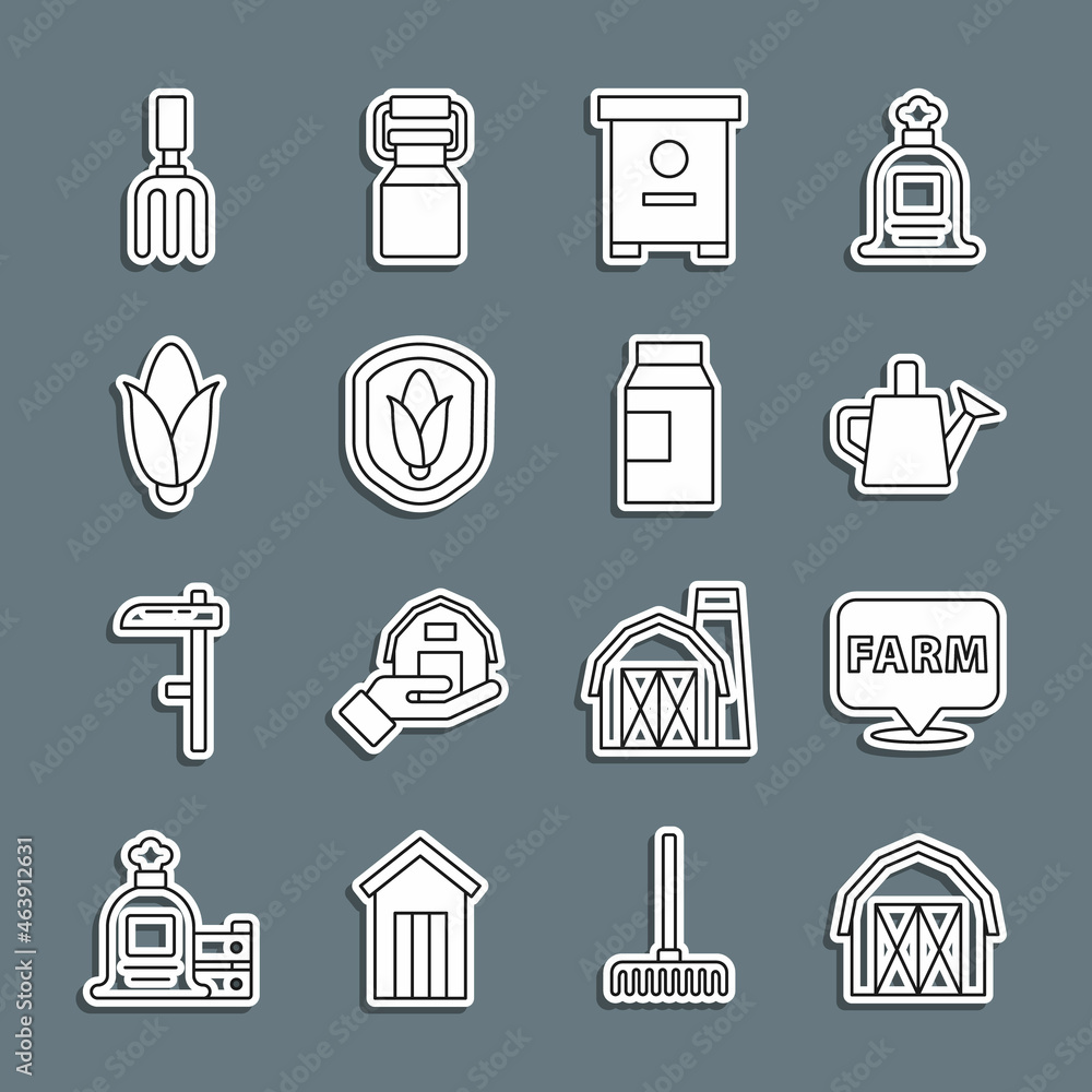 Set line Farm house, Location farm, Watering can, Hive for bees, Shield corn, Corn, Garden rake and Paper package milk icon. Vector Set line Farm house, Location farm, Watering can, Hive for bees, Shield corn, Corn, Garden rake and Paper package milk icon. Vector
