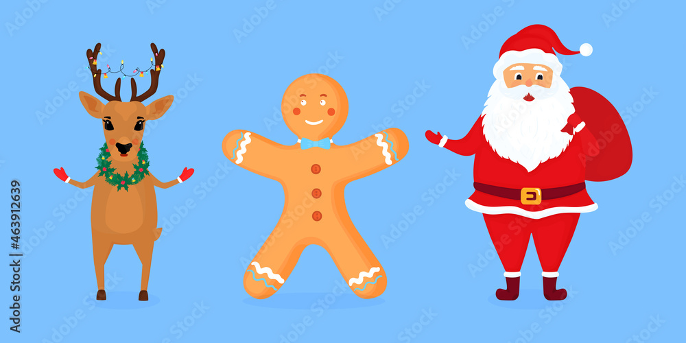 Santa Claus, deer and gingerbread man vector illustration