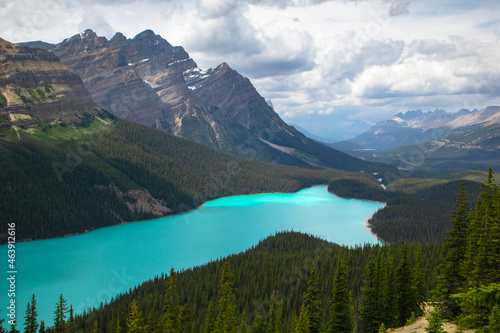 Bright blue glacial lake in the mountains