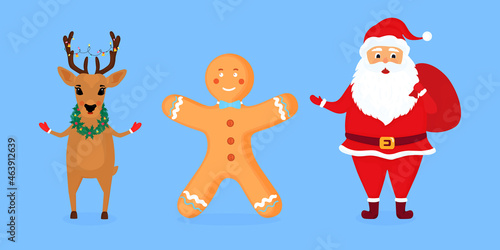 Santa Claus  deer and gingerbread man vector illustration