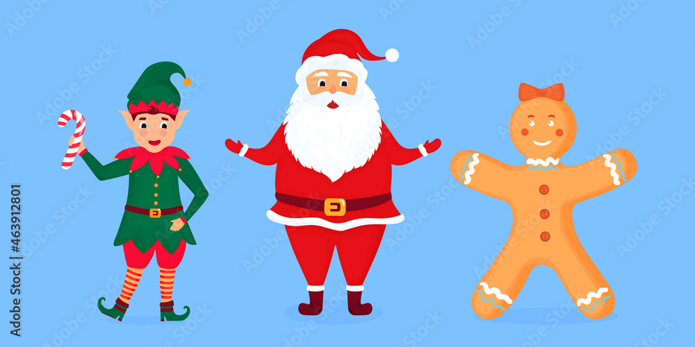 Santa Claus, elf and gingerbread man vector illustration