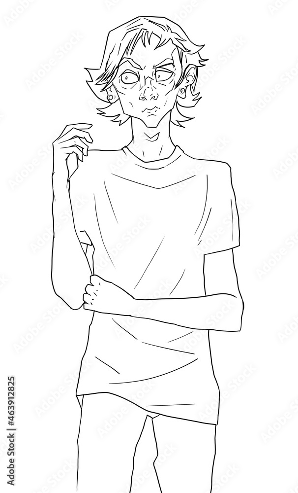 line sketch of guy standing, thinking and waiting. disgruntled angry thin man cartoon character for illustration. depressed boy in t-shirt freehand drawing young male with tunnels and long hair line sketch of guy standing, thinking and waiting. disgruntled angry thin man cartoon character for illustration. depressed boy in t-shirt freehand drawing young male with tunnels and long hair