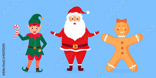 Santa Claus, elf and gingerbread man vector illustration