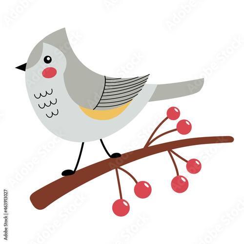 A tit with a tuft on a branch with berries. Vector illustration of a gray bird in a trendy flat style. Perfect for a print, postcard or label