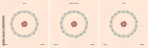 Conceptual vector representation of a chlorine atom and its ions: a cation with less electrons than protons and positive charge, and an anion with more electrons than protons and negative charge.
