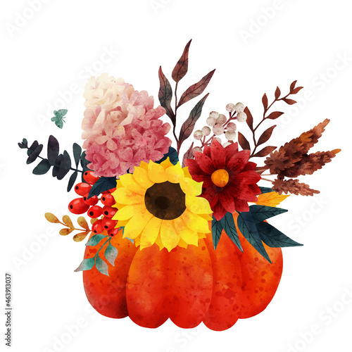 Fall bouquet in pumpkin vase, hand drawn vector